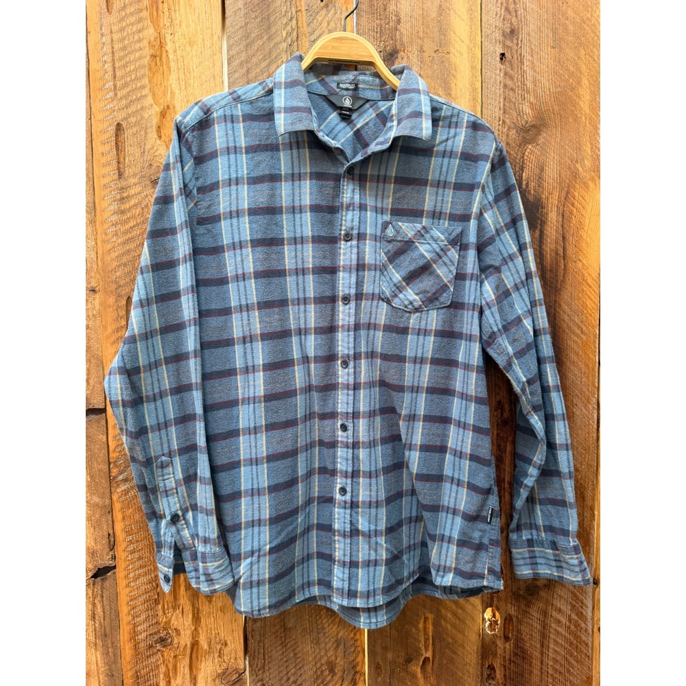Volcom Mens XL Flannel Shirt Blue Plaid Modern Fit Skate Grunge Workwear